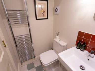A bathroom with a toilet, sink, chrome towel radiator, framed artwork, and red tiles on the wall at The Tower in Kirklinton near Longtown