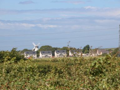A rural landscape with a row of houses a windmill and greenery in the foreground at Awelfryn Elim near Llanddeusant