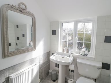 A bathroom with a pedestal sink a toilet a radiator and a decorative mirror at Blossom Cottage in Broadway