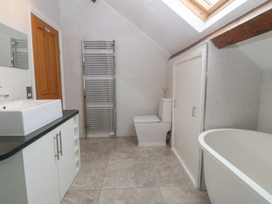 A bathroom with a toilet, bathtub, sink, storage cabinet, radiator, skylight, and wooden door at Apartment 2, Gorwel Glas in Llanbedrog