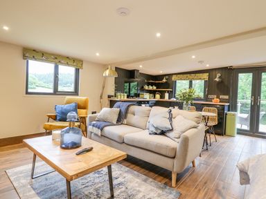 A living room with a sofa, armchair, coffee table, and an open kitchen with dining area at The Cabin at Evelyns Retreat in Glyndyfrdwy