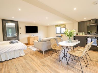 An open room with a bed sofa dining table with chairs kitchen appliances and a door at The Cabin at Evelyns Retreat in Glyndyfrdwy