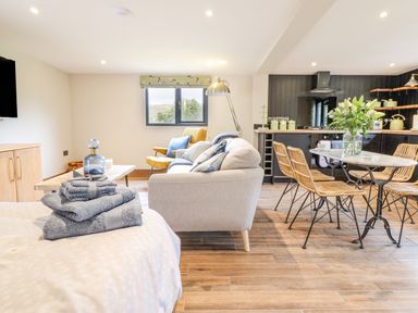 An open plan living area with a gray sofa a wooden dining table with chairs and a kitchen at The Cabin at Evelyns Retreat in Glyndyfrdwy