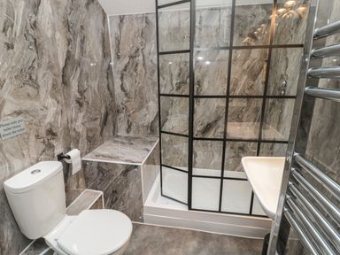 A bathroom with a toilet, shower with glass door, sink, and heated towel rail at The Wizard's Loft in Alnwick