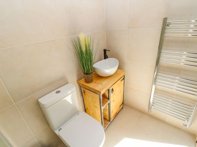 A bathroom with a toilet a wooden cabinet with a bowl sink and a plant and a metal towel radiator at Bramwell House in Corbridge