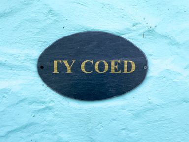 A close up of a black oval sign with gold letters on a light blue textured wall at Ty Coed @ Canllefaes in Penparc near Cardigan