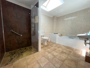 A bathroom with a shower, toilet, bathtub, and sink at Ty Coed @ Canllefaes in Penparc near Cardigan
