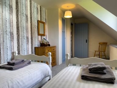 A bedroom with two single beds a wooden chest of drawers a mirror a wooden chair and slanted ceiling at The Granary @ Canllefaes Penparc near Cardigan