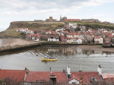 A coastal town with red roof houses near a river with a yellow boat and a hill with ruins at Hawthorn Dale Cottage in Whitby