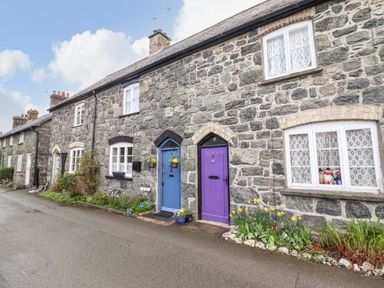 A street view of stone cottages with colorful doors and flowerbeds in front at Coed Y Glyn in Llanuwchllyn near Bala