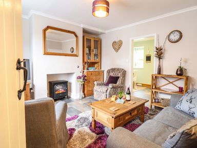 A living room with armchairs a sofa a wooden cabinet a coffee table and a fireplace at Coed Y Glyn Llanuwchllyn near Bala