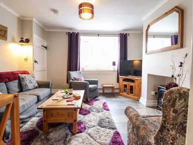 A living room with sofas a wooden coffee table a TV on a wooden stand and a window with purple curtains at Coed Y Glyn in Llanuwchllyn near Bala