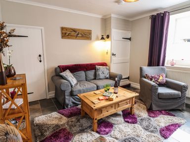 A living room with grey sofas a wooden coffee table and purple patterned rug at Coed Y Glyn in Llanuwchllyn near Bala