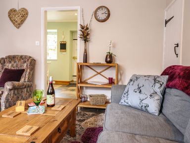 A living room with a wooden coffee table holding green glasses and a bottle of wine at Coed Y Glyn in Llanuwchllyn near Bala