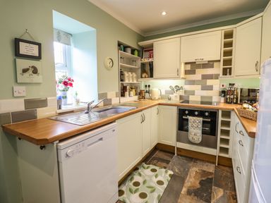 A kitchen with wooden countertops white cabinets a sink dishwasher oven and tiled backsplash at Coed Y Glyn in Llanuwchllyn near Bala