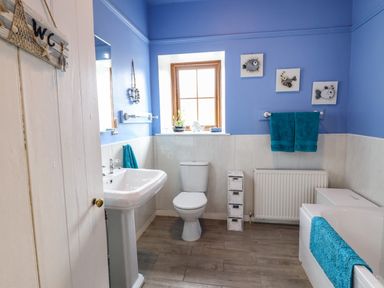 A bathroom with a toilet sink bathtub blue walls and a window at Coed Y Glyn in Llanuwchllyn near Bala