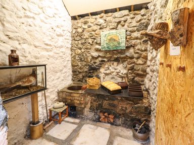A rustic kitchen corner with a stone fireplace baking bread and a stuffed bird display at Coed Y Glyn in Llanuwchllyn near Bala