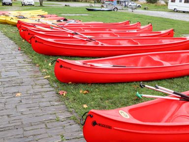 Red and yellow canoes arranged on grass near a paved path with parked cars and a campervan in the background at Coed Y Glyn in Llanuwchllyn near Bala