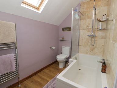 A bathroom with a bathtub shower toilet towel rack and skylight window at Pennant Tigi Uchaf in Dinas Mawddwy