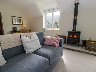 A living room with a grey sofa pillows and a wood burning stove near a window at Pennant Tigi Uchaf in Dinas Mawddwy