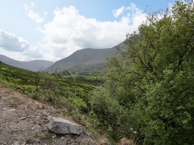 A landscape with a rocky trail and green bushes and trees with hills and clouds in the background at Pennant Tigi Uchaf in Dinas Mawddwy