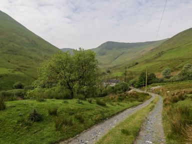 A countryside dirt road leading through green hills with a tree and a house in the distance at Pennant Tigi Uchaf in Dinas Mawddwy