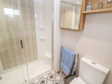 A bathroom with a shower enclosure a toilet a towel rack with a blue towel and a wooden shelf with bottles at Chantry Lodge in Hendra Croft near Goonhavern
