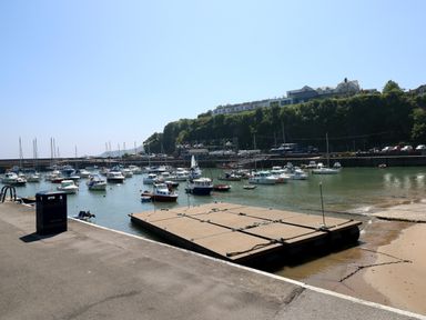 A harbor with boats docked in the water near a floating platform and a pier at Pinewood in Saundersfoot