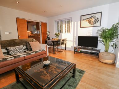 A living room with a sofa a coffee table a TV on a stand a dining table with chairs and a plant at A Stone's Throw in Downderry