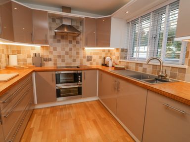A kitchen with wooden countertops a double oven a stainless steel extractor fan a sink and window blinds at A Stone's Throw in Downderry