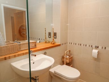 A bathroom with a sink a toilet a mirror and wooden shelves at A Stone's Throw in Downderry