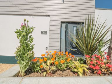 A front entrance with a door and a flower bed with orange and red flowers at Fisherman's Rest in Wyke Regis