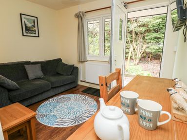 A living room with a dark sofa a round patterned rug a wooden table with teapot and mugs and an open door to a garden at Honeysuckle Cottage in Crossgates