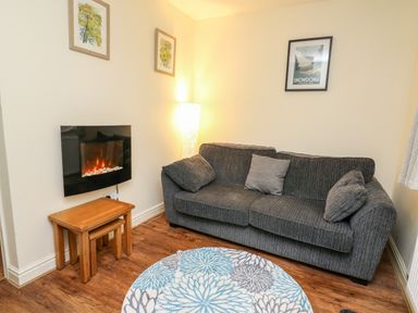A living room with a gray sofa a round rug and a wall-mounted electric fireplace at Honeysuckle Cottage in Crossgates