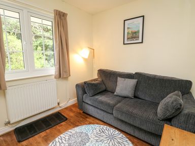 A sitting area with a grey sofa, cushions, a floor lamp, a window with beige curtains, a radiator, a round patterned rug and a framed picture on the wall at Primrose Cottage in Crossgates