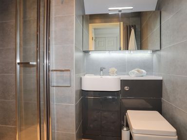 A bathroom with a shower cubicle sink with cabinet and a toilet at Alltwen in Borth-y-Gest