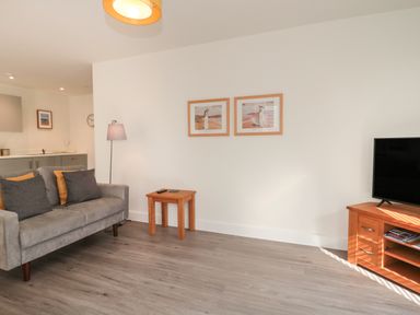 A living room with a gray sofa, wooden side table, floor lamp, two framed pictures on the wall, and a wooden TV stand with a television at Apartment 9 in Exmouth