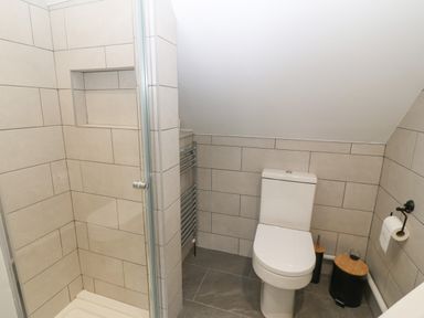 A bathroom with a tiled shower area and a toilet next to a trash bin and toilet brush holder at Bryn Eglwys Bach in Penmynydd near Llanfairpwllgwyngyll
