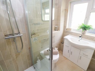 A bathroom with a shower, toilet, and sink at Driftwood in Marazion