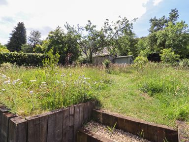 A garden with wildflowers trees and a small building at The Nook in Jacks Green near Painswick
