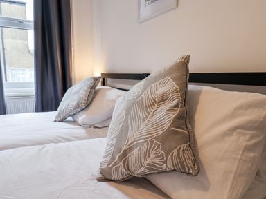 A bedroom with two beds each with a white pillow and a decorative pillow with leaf patterns at 89 Caledonia Street Scarborough