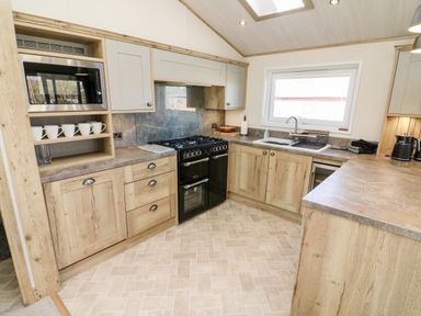 A kitchen with wooden cabinets a black stove a microwave mugs on a shelf and a window above the sink at Curlew Lodge in Carnforth