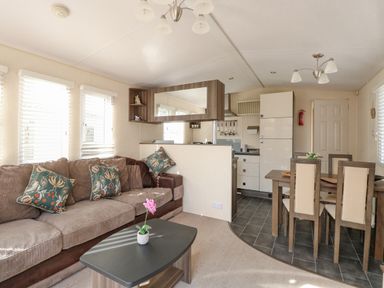A living room with a sofa and cushions a coffee table with a plant a dining table with chairs and a kitchen area at Audrey's Lodge Foxburrow Hang in Fritton