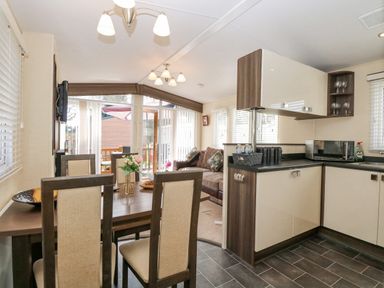 A dining table with chairs a kitchen with cupboards and appliances and a living area with a sofa at Audrey's Lodge Foxburrow Hang in Fritton
