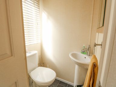 A bathroom with a toilet and pedestal sink with a towel and soap dispenser at Audreys Lodge Foxburrow Hang in Fritton