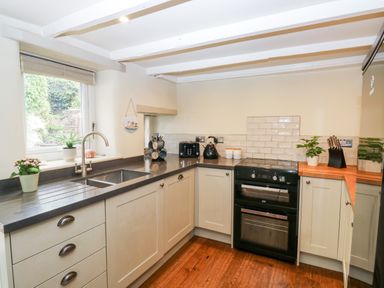 A kitchen with a double sink next to a window knives on a stand and a black oven at Alexanders Cottage in Frogmore