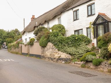 A thatched roof cottage with white walls and garden plants along a street at Alexanders Cottage in Frogmore