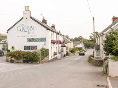 A street with houses and a pub called The Globe Inn with flower baskets and a garden bar sign at Alexanders Cottage in Frogmore