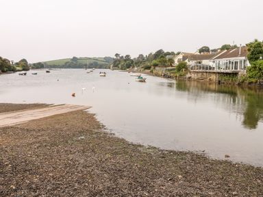 A river with boats and swans next to houses by the water at Alexanders Cottage in Frogmore