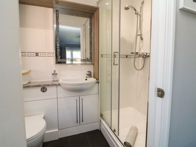A bathroom with a sink cabinet mirror toilet and walk in shower at 4 Woodland Park in Northam